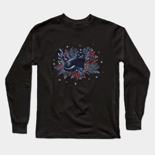 Black cat, winter scene, snow, holidays, cat in snow, cat in winter, cat lovers Long Sleeve T-Shirt